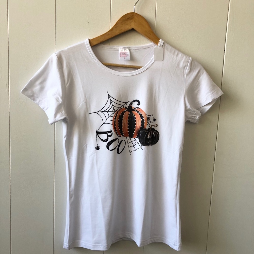 White fall “Boo” shirt